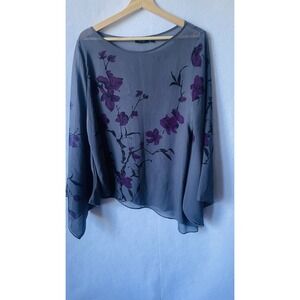 APT 9 Gray/gray Purple Floral Branches  Sheer‎ Blouse,dramatic Wide Bell Sleeves